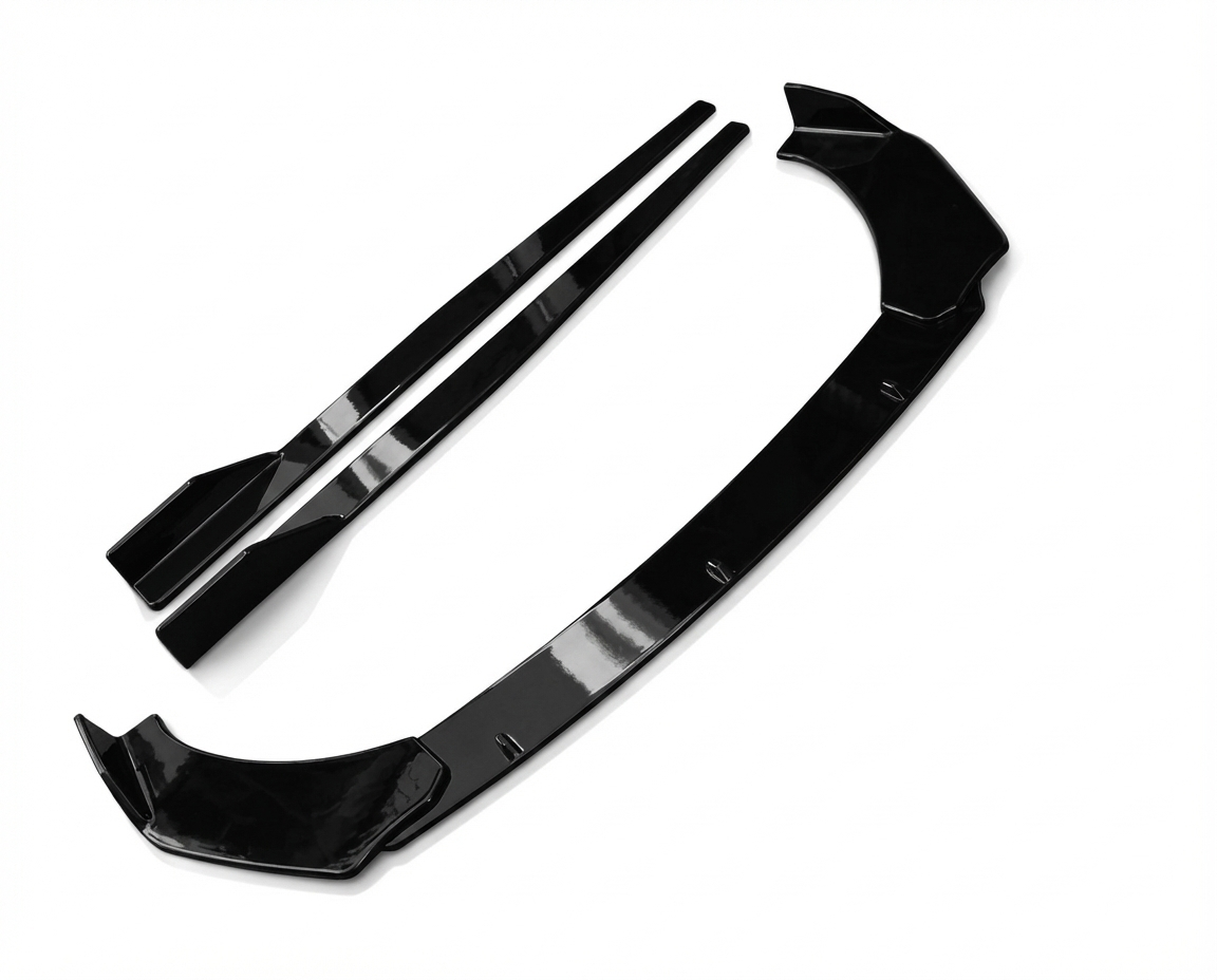 3 PIECE FRONT BUMPER LIP | Side Skirts Gloss Black Aerodynamic Body Kit | Universal Set of 2