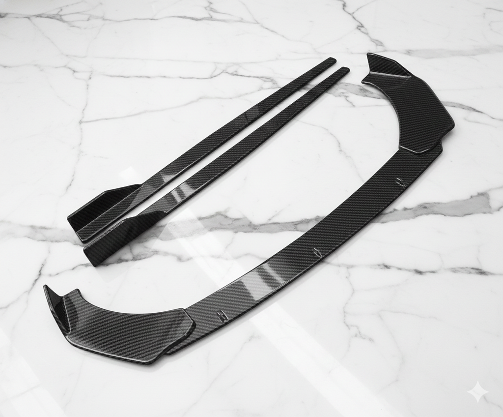 3 PIECE FRONT BUMPER LIP | Side Skirts Gloss Black Aerodynamic Body Kit | Universal Set of 2