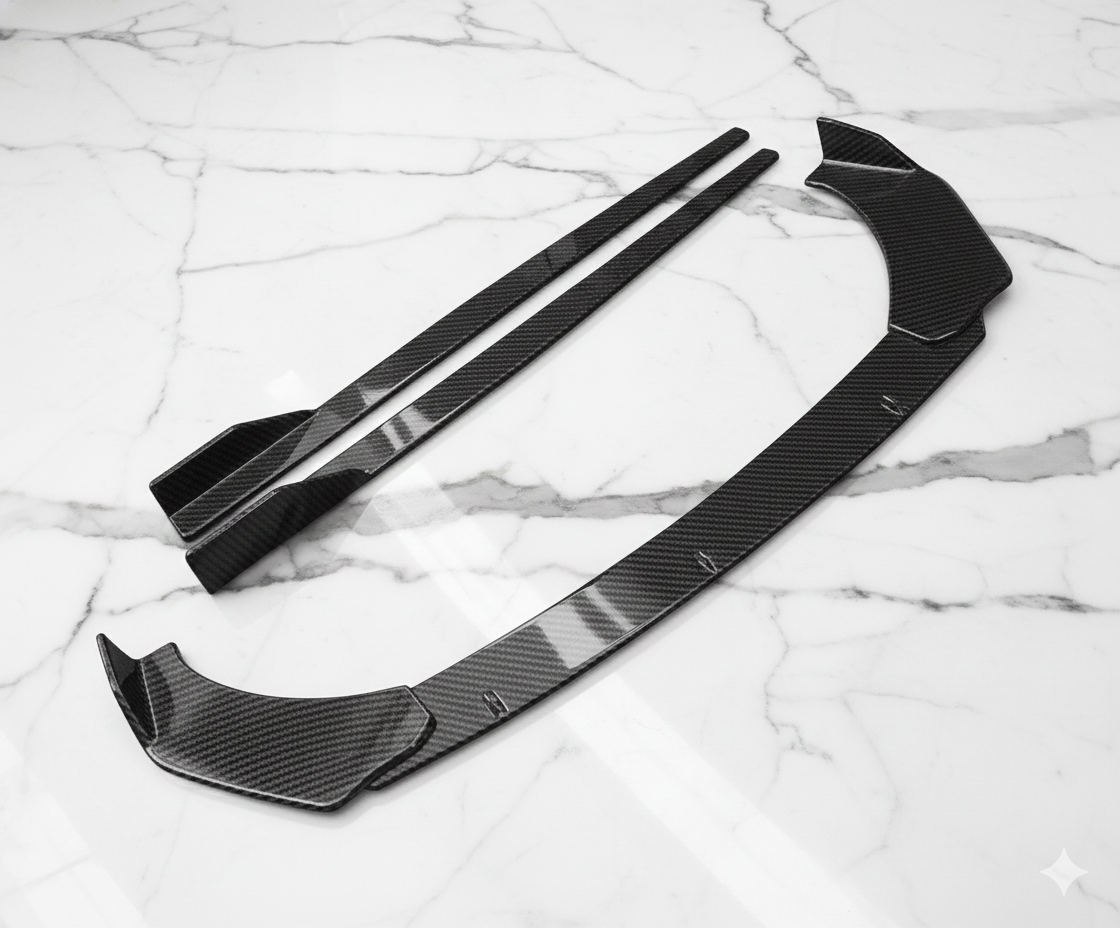 3 PIECE FRONT BUMPER LIP | Side Skirts Gloss Black Aerodynamic Body Kit | Universal Set of 2